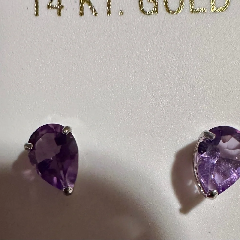 14k solid white gold & 1.94 carats Pear Shaped genuine amethyst earrings - Picture 9 of 12